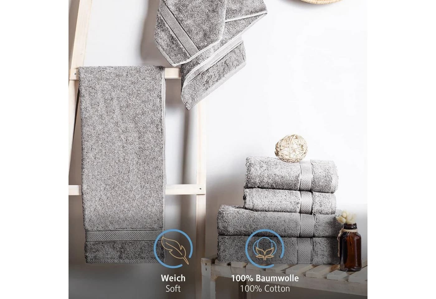 Komfortec Handtuch Set 6-tlg. 100% Baumwolle Frottee 470 g/m² Silber