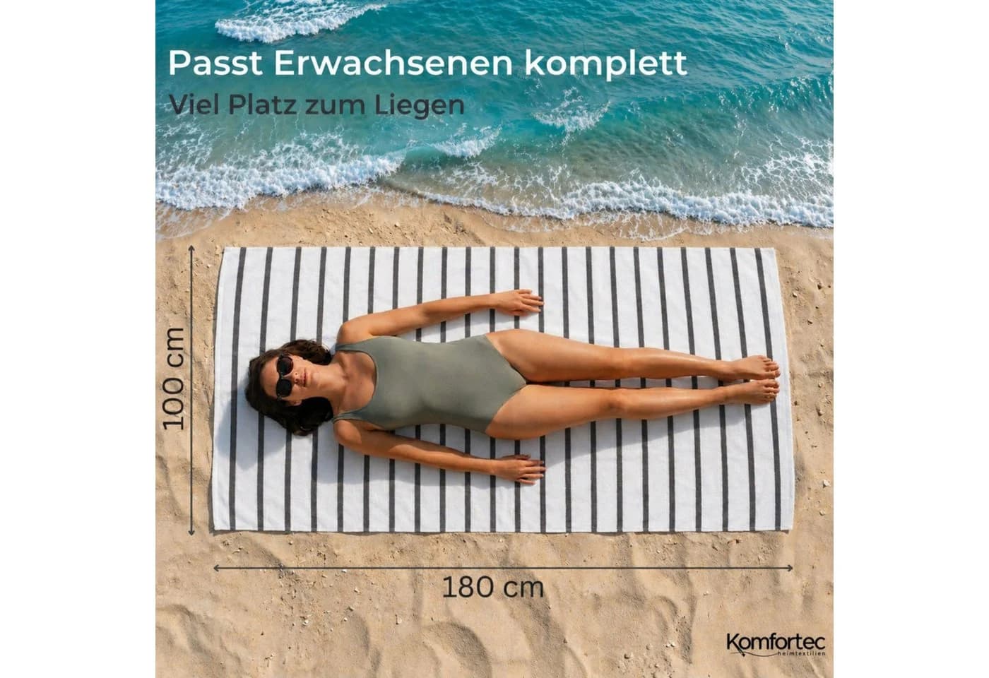 Komfortec Strandtuch Grau Streifen 100x180 cm Baumwolle