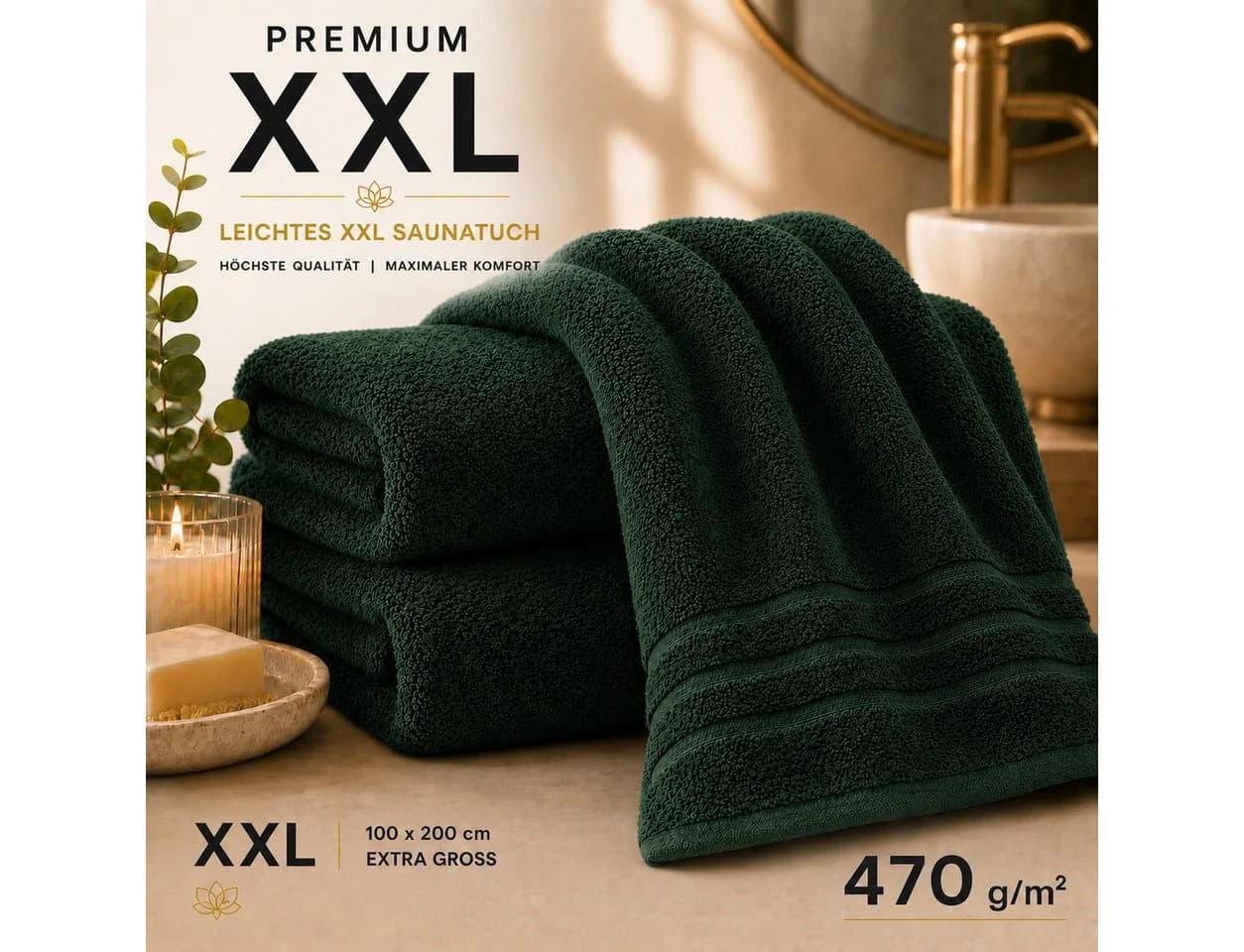 Komfortec Saunatuch XXL 100x200 cm Dunkelgrün Baumwolle