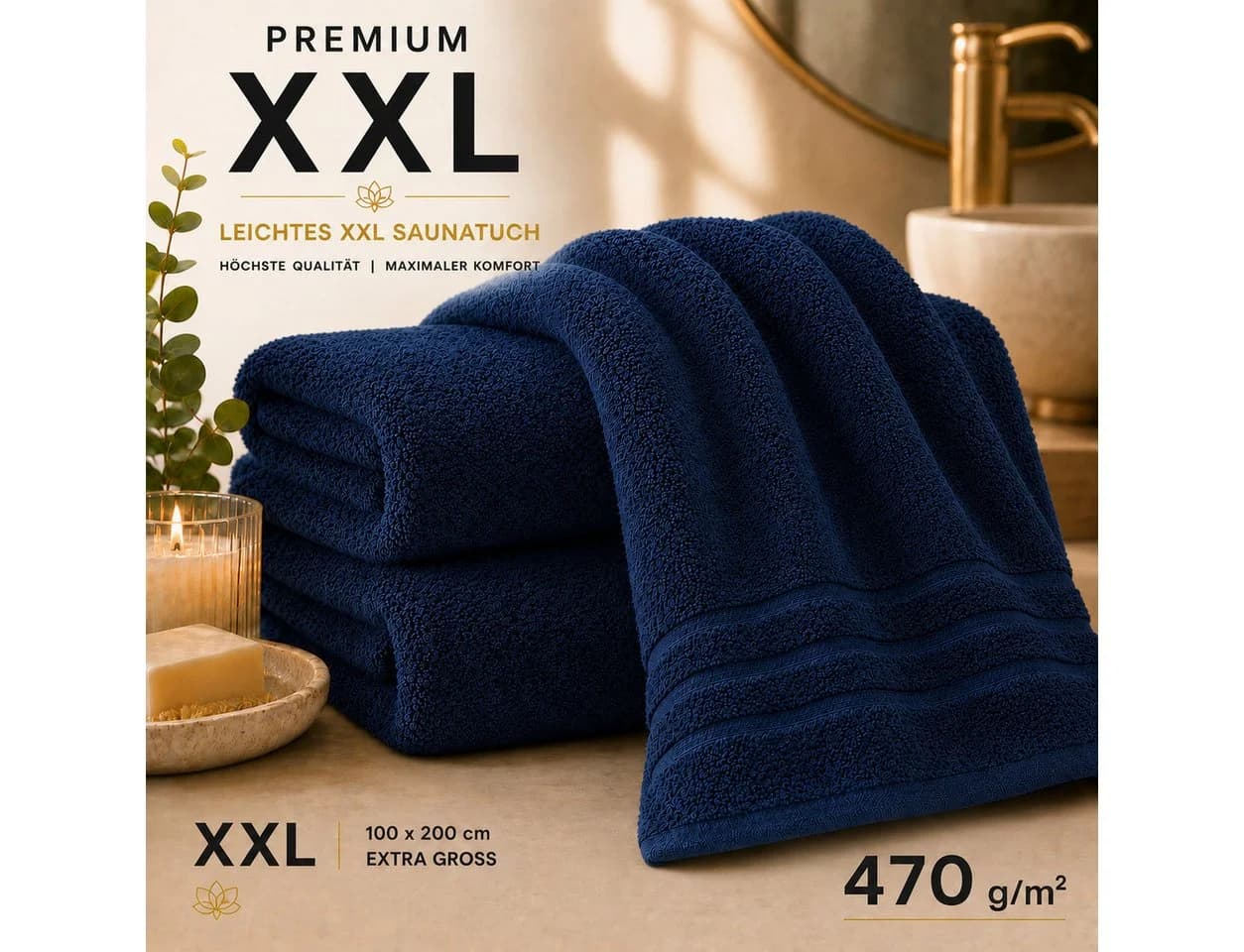 Komfortec Saunatuch XXL 100x200 cm Baumwolle Blau Frottee