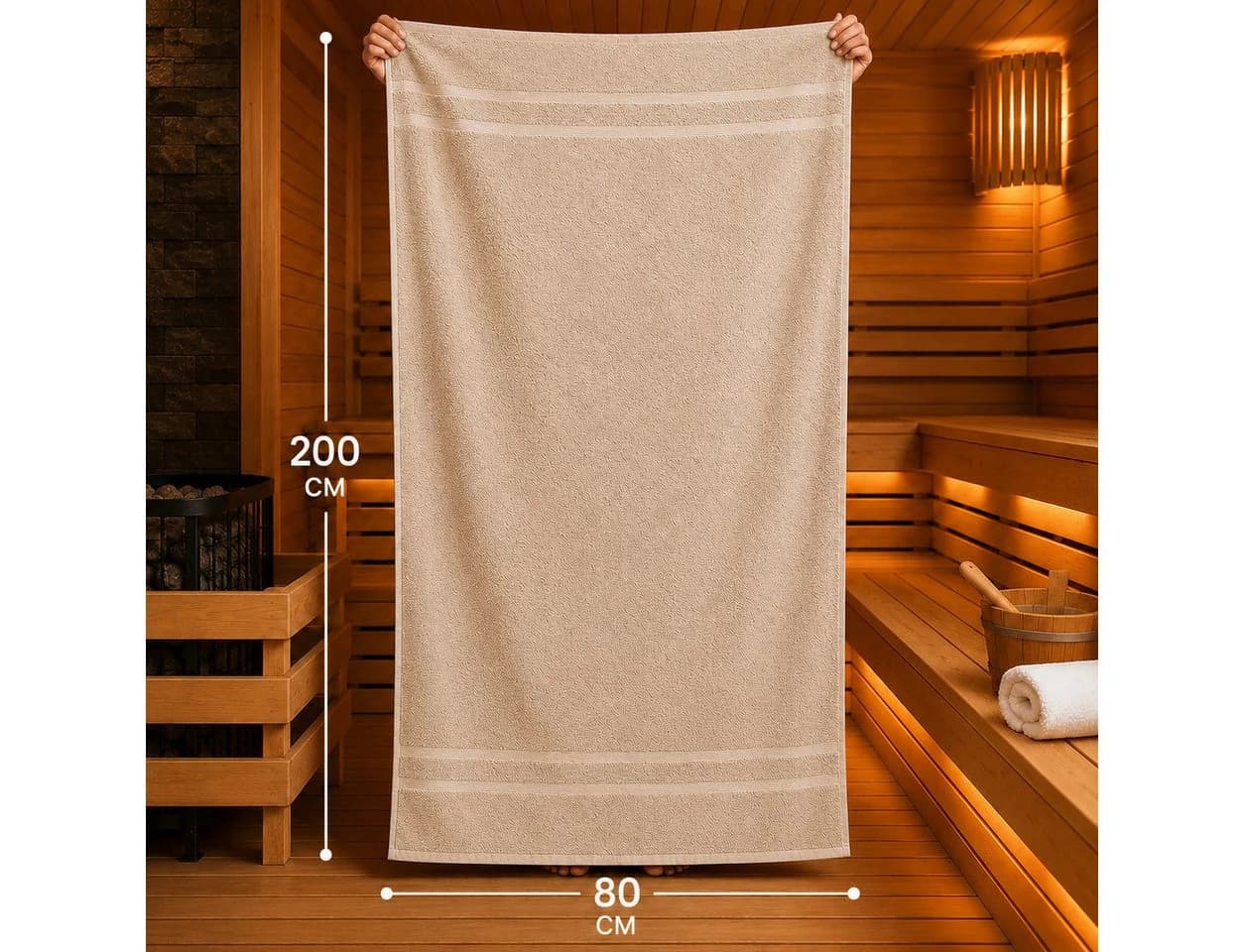 Komfortec Saunatuch 2er Set 80x200 cm XXL Frottee 100% Baumwolle Beige