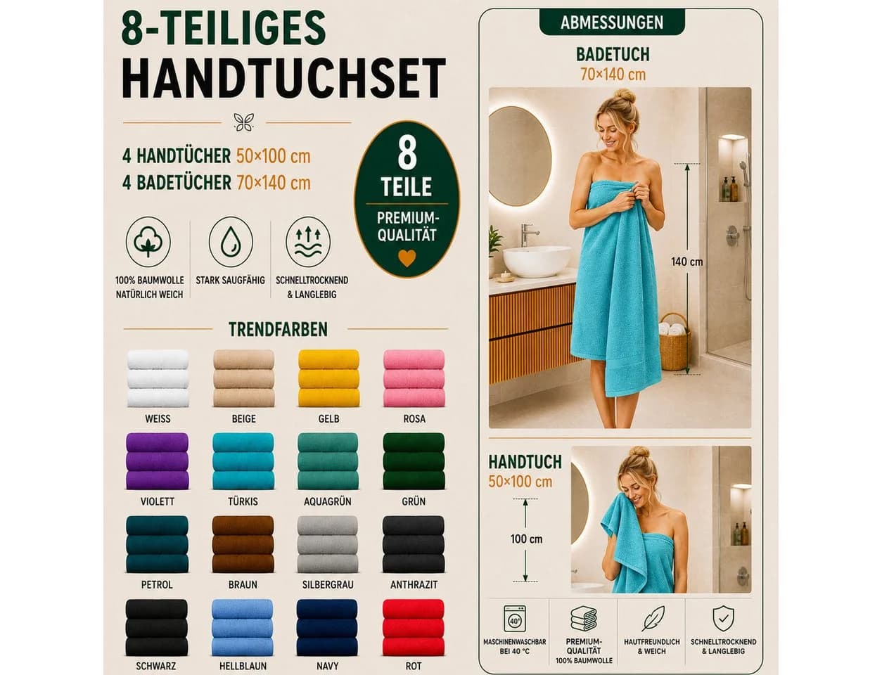 Komfortec Handtuch Set 8-tlg. 100% Baumwolle Blau