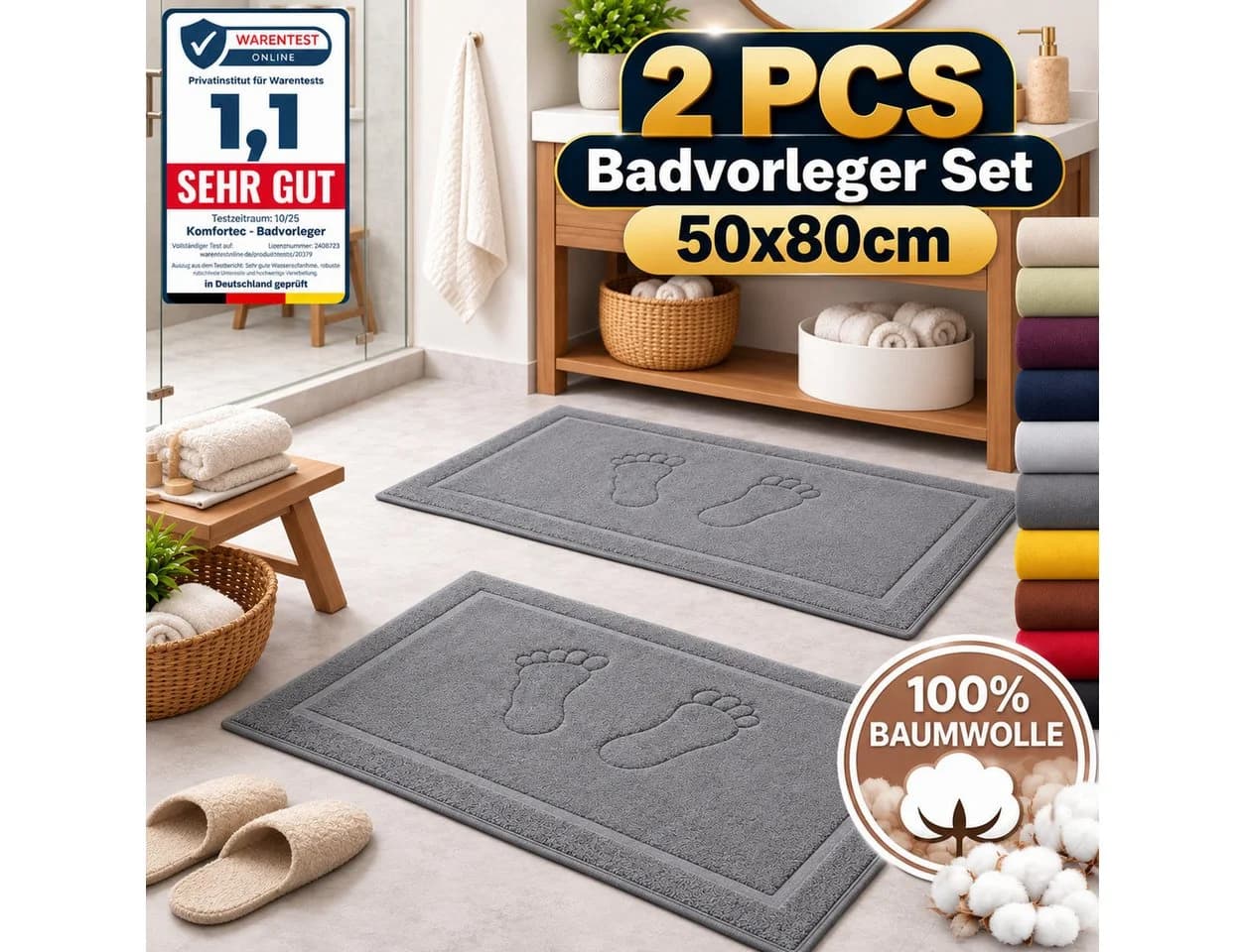 Komfortec Badematte 2er Set 100% Baumwolle Grau 50x80 cm