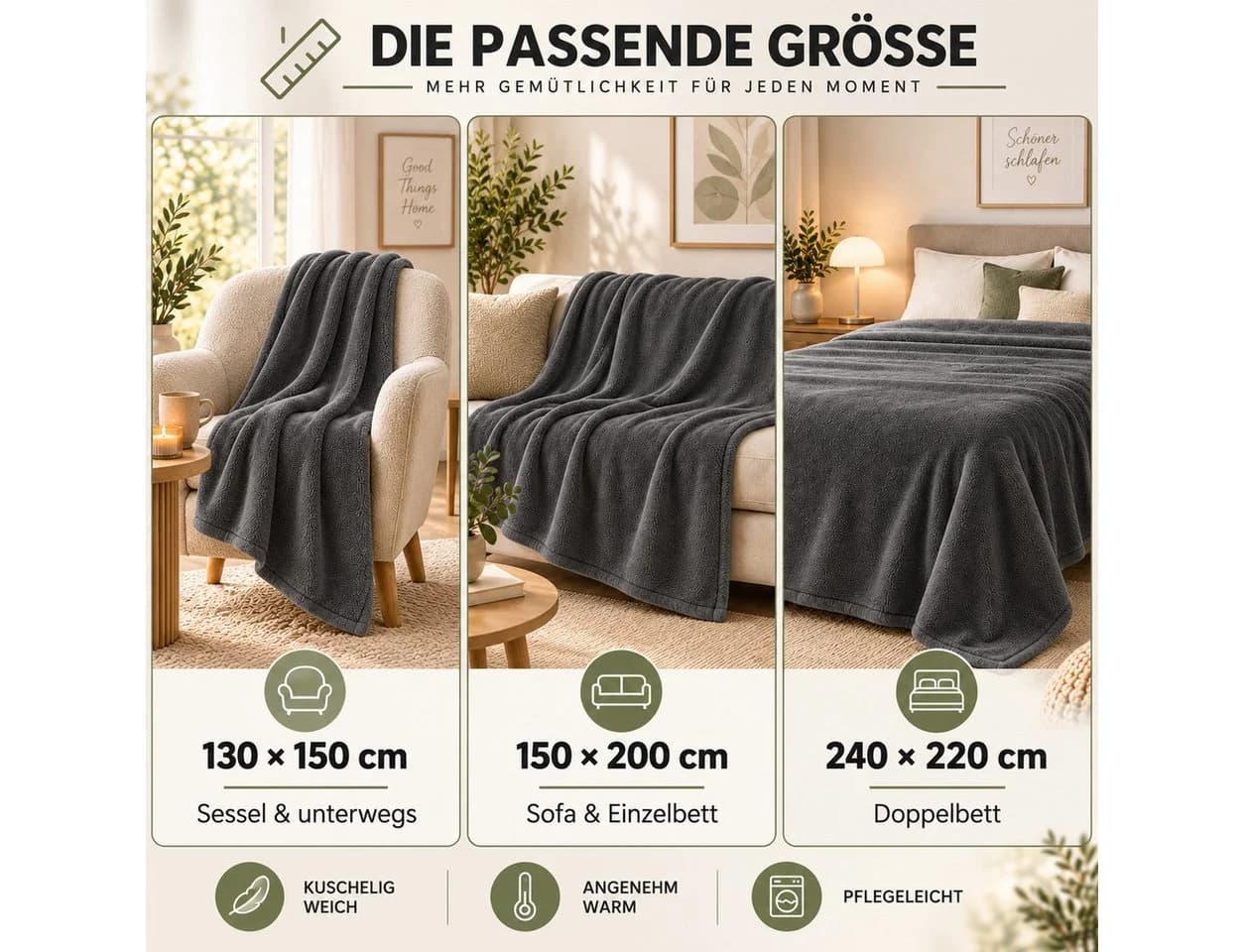 Komfortec Wohndecke Grau 260 g/m² Mikrofaser Kuscheldecke