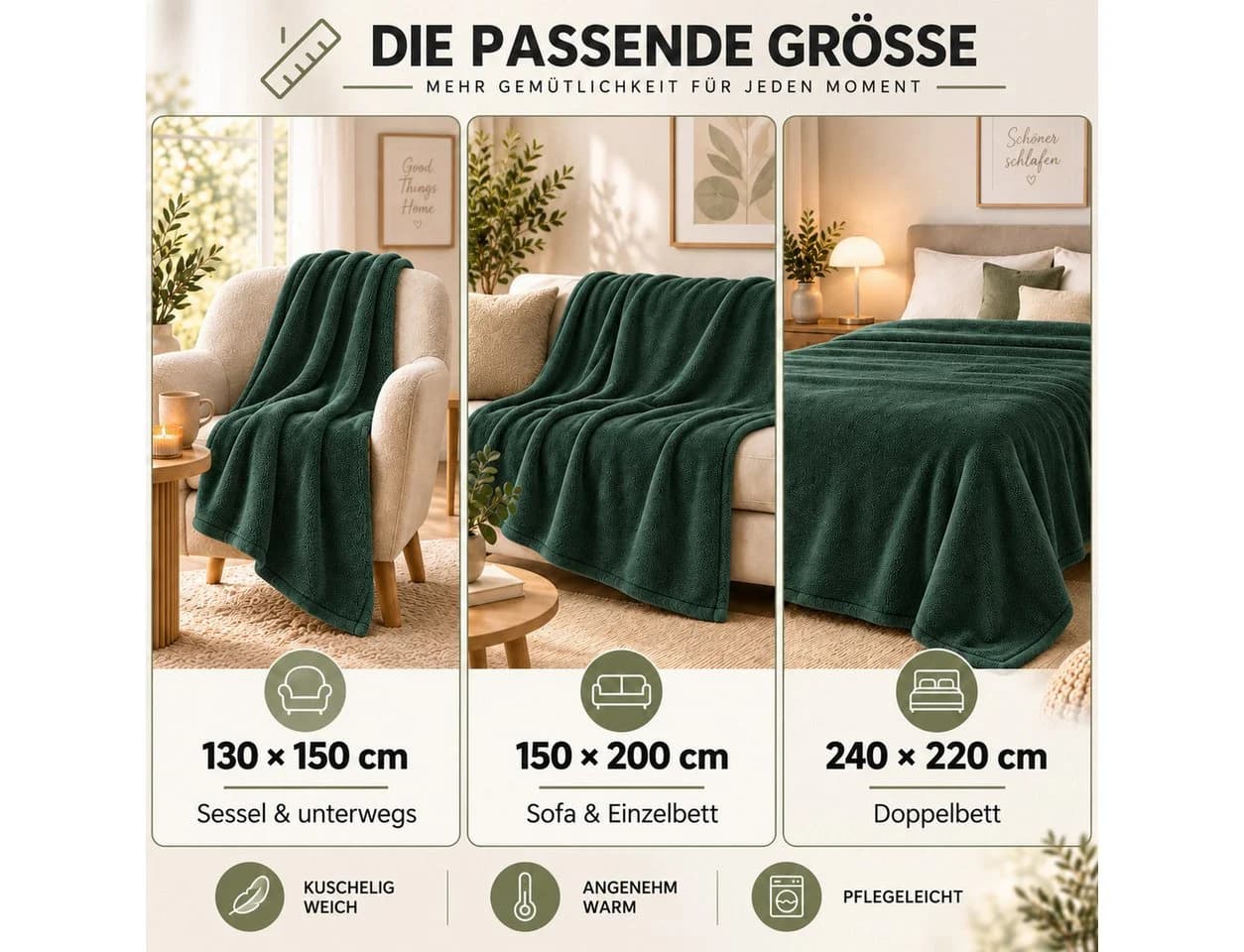 Komfortec Wohndecke Kuscheldecke Grün 260 g/m² Mikrofaser