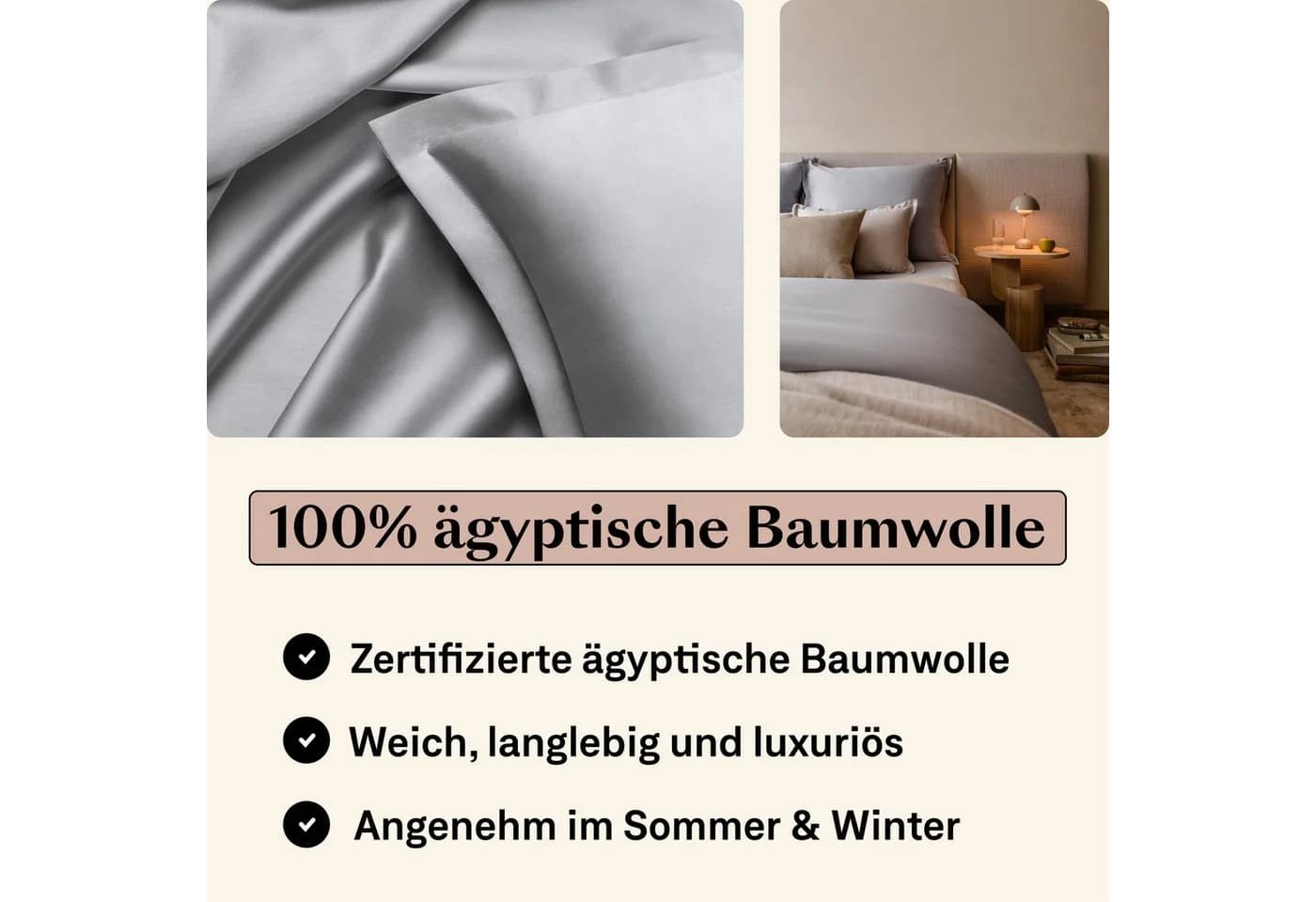 Amqua Kissenbezug Mako Satin 100% Ägyptische Baumwolle Grau