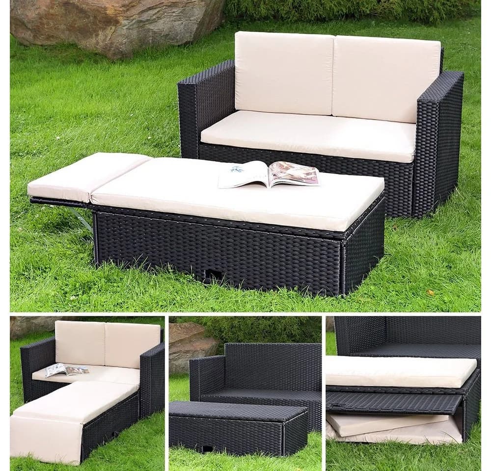 Feel2Home Gartensofa & Ottomane Grau Polyrattan mit Kissen