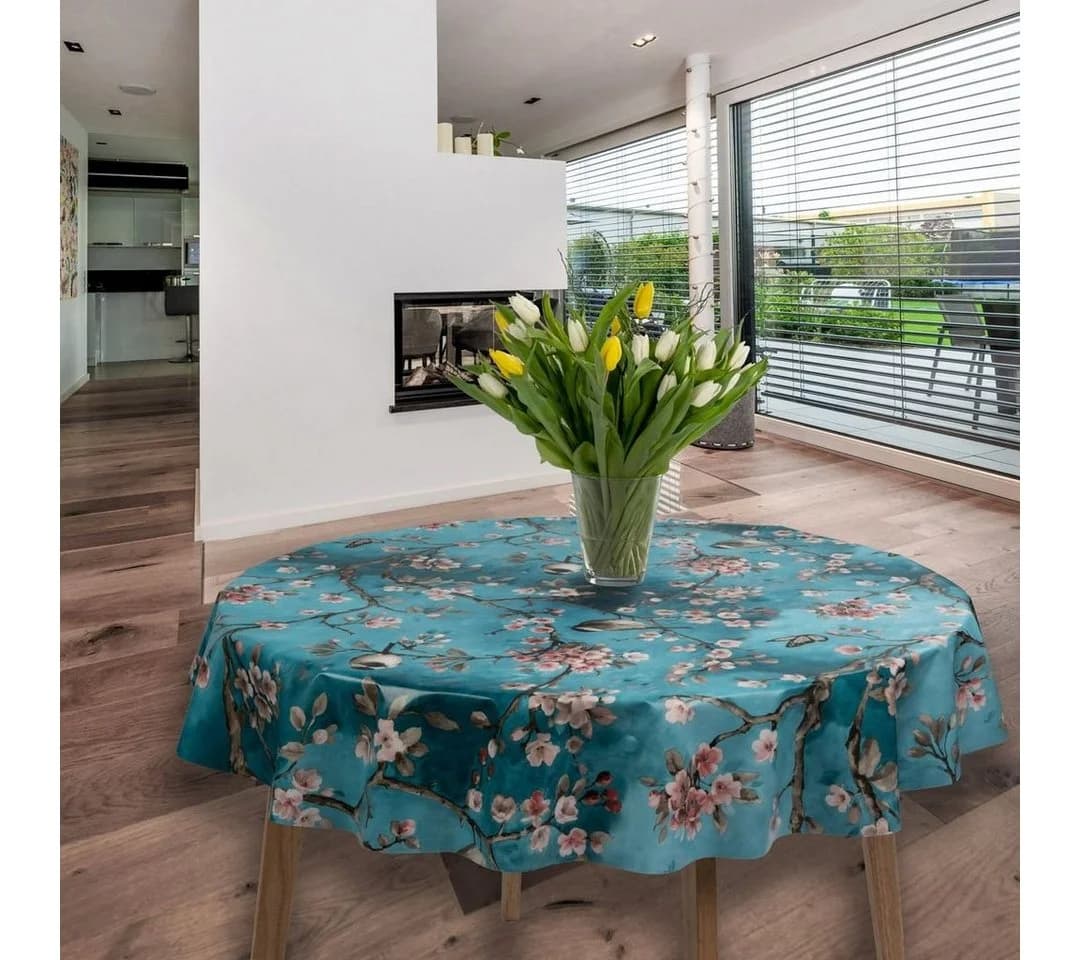 Laro Tischdecke Wachstuch Kirschblüten Blau Rund 140cm
