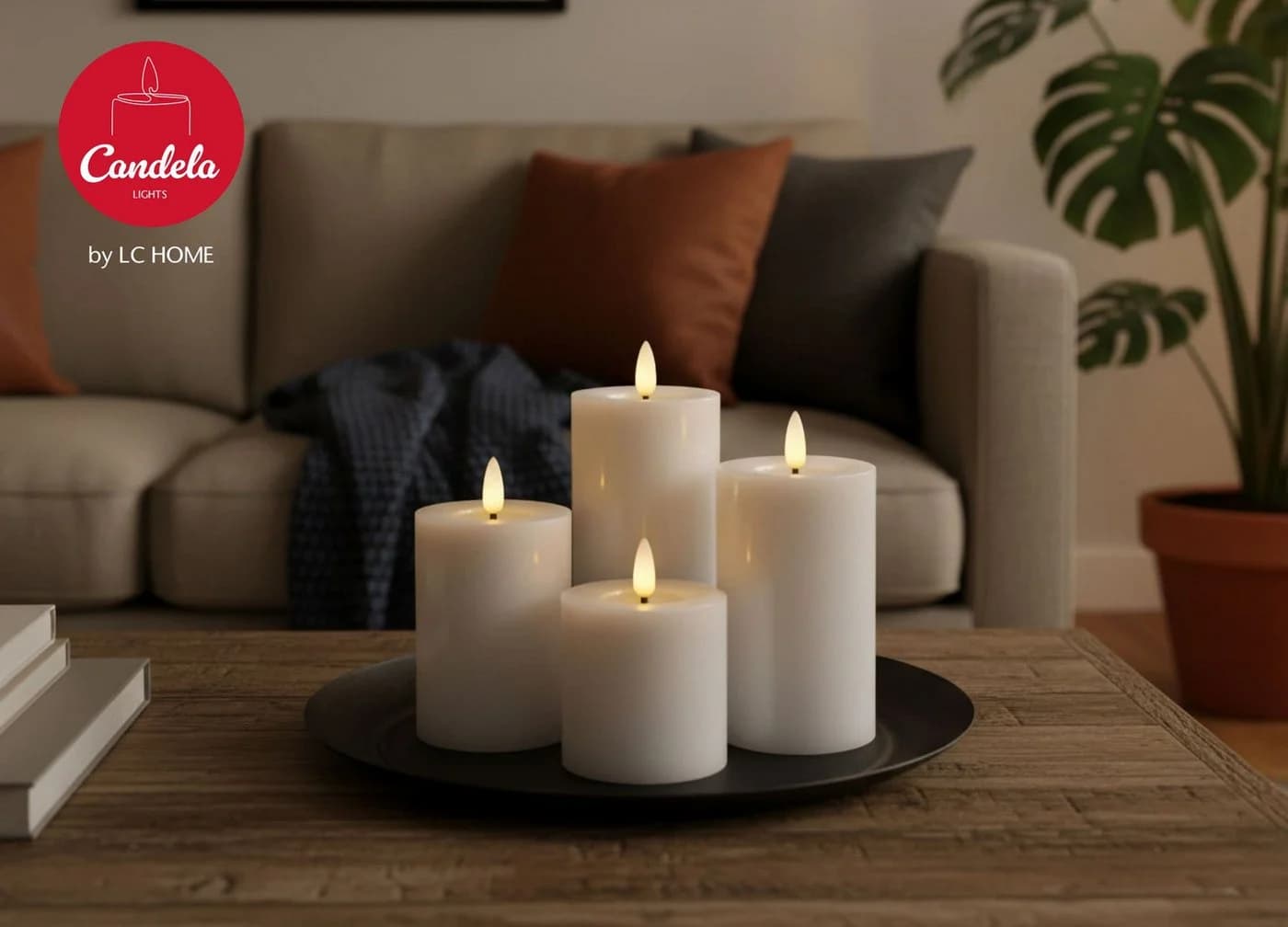 LC Home LED-Kerze Candela Lights LED Kerzen 4er Set Stumpenkerze inkl. Kerzenteller Echtwachs