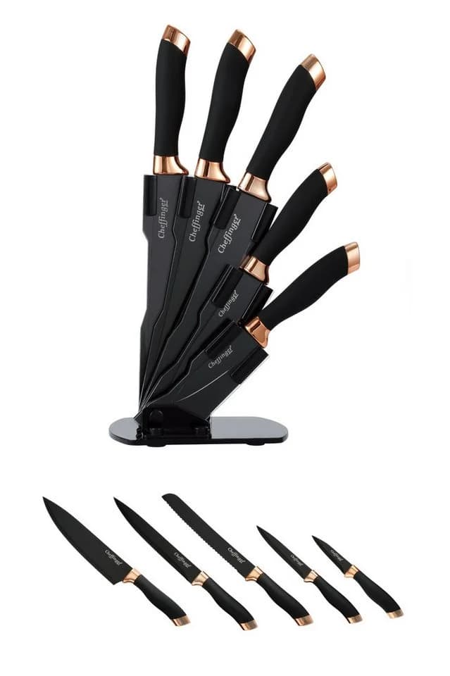 Cheffinger Messer-Set 6 tlg. Schwarz-Gold Drehbarer Messerständer