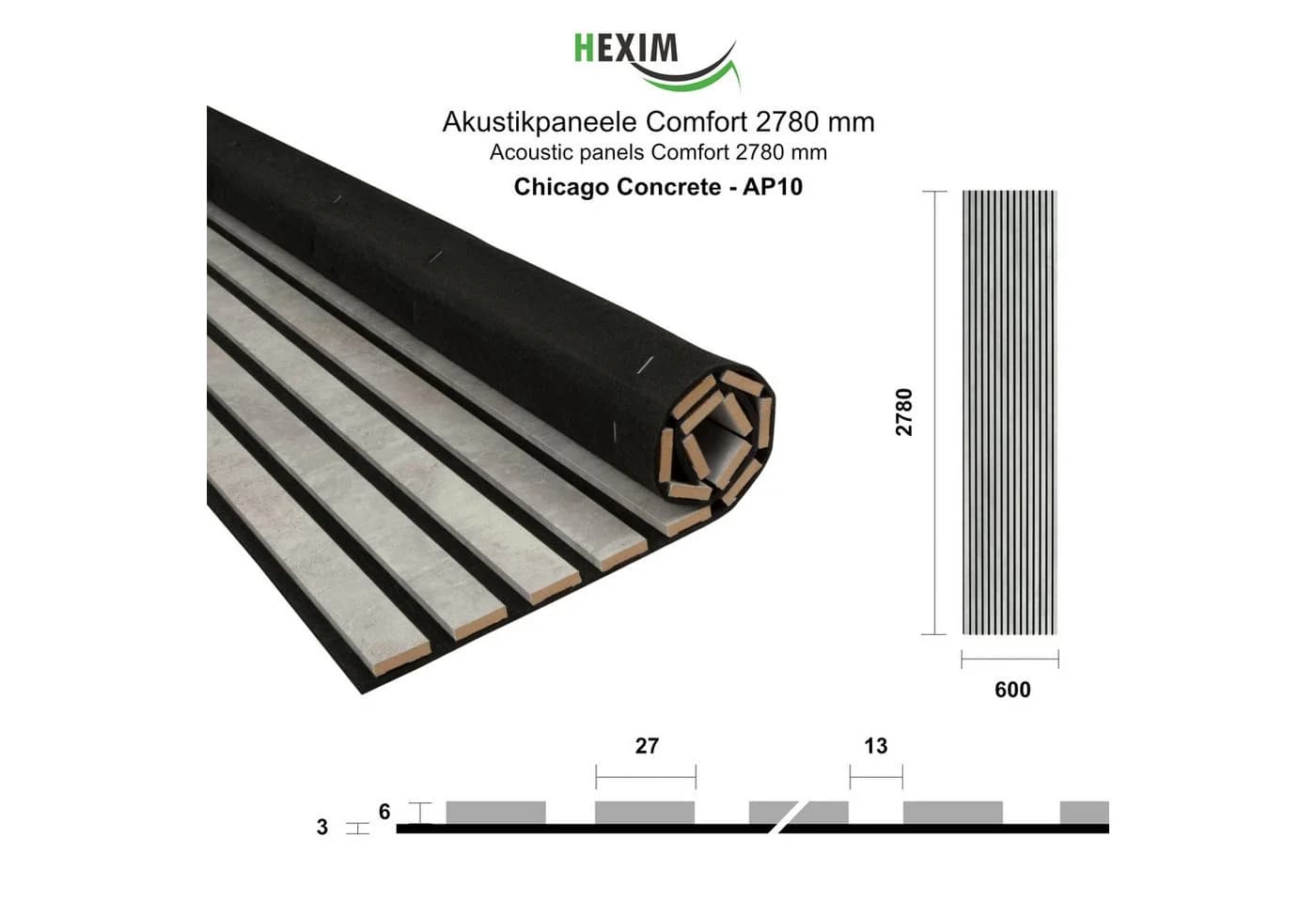 Hexim Wanddekoobjekt AP10 Flexible Akustikpaneele Grau Holz