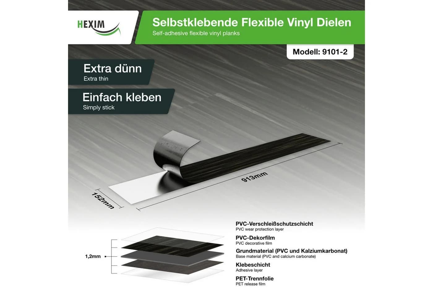 Hexim Vinylboden, Vinyldielen 0,97m² selbstklebend PVC Wandverkleidung Bodenbelag Holzoptik 91x15cm Paneele für Wand & Boden Holzdielen schwarz