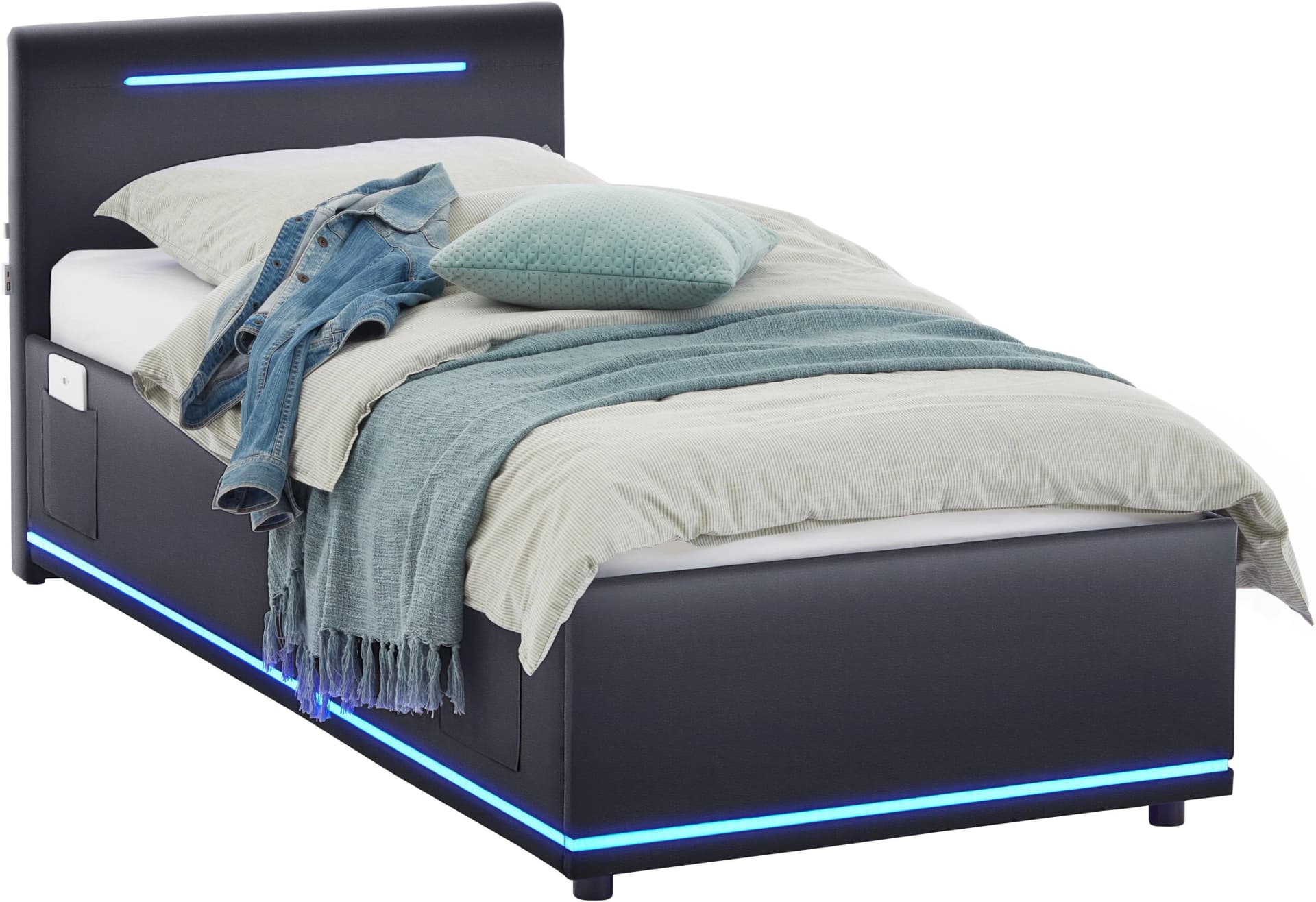 Polsterbett MEISE.MÖBEL Circle inkl. LED-Beleuchtung & USB-Anschluss, Bettkasten, Schwarz