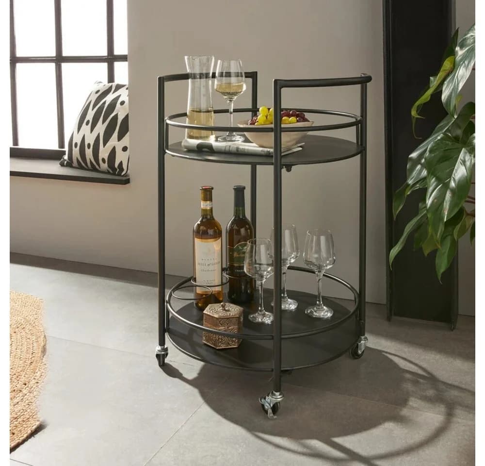 Servierwagen Barwagen Beistelltisch Metall Schwarz mit Flaschenhalter