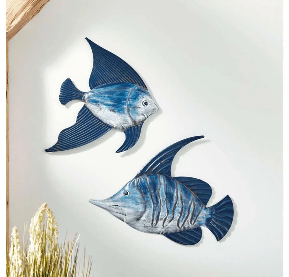 Home-trends24.de Wanddekoobjekt Metall Deko Fisch blau Maritim Wanddeko Figur Objekt 2er-Set