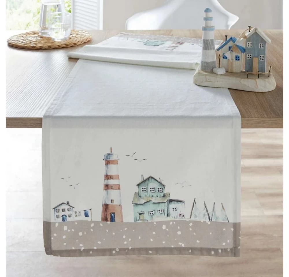 Home-trends24.de Tischläufer Maritim Leuchtturm Weiß Baumwolle