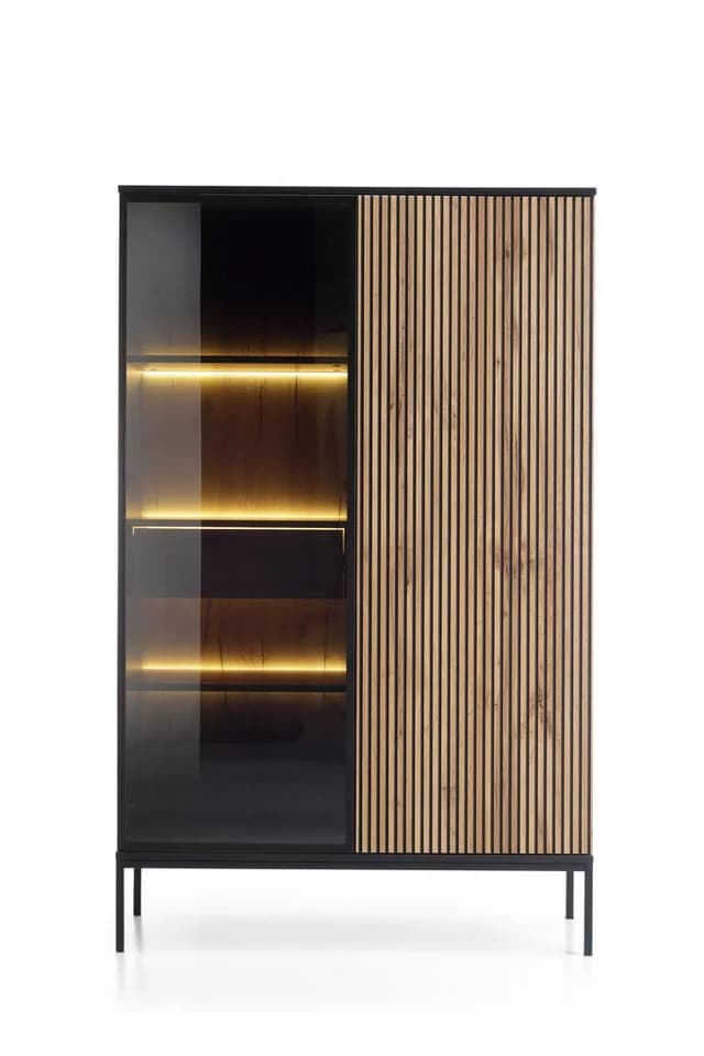 yourhouse24 Vitrine SANTIA 104 cm Industrial-Vitrine Eiche Schwarz mit LED