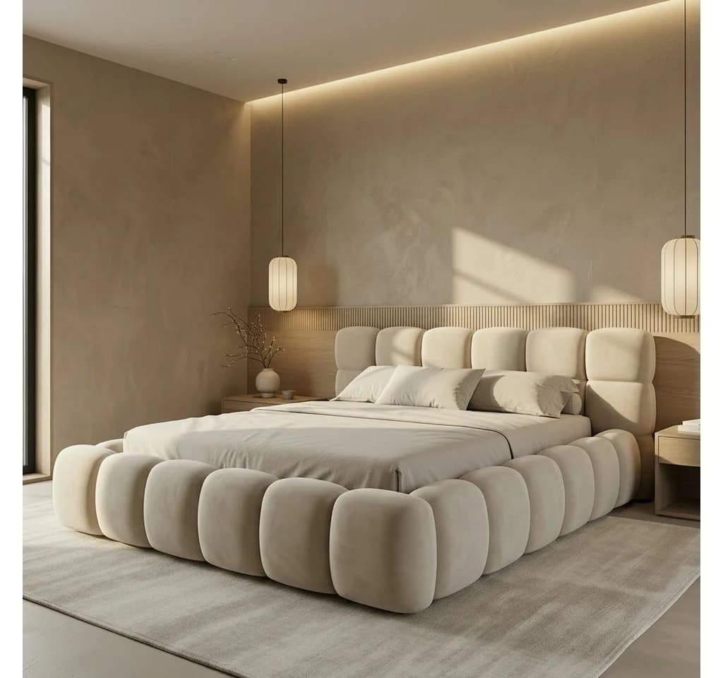 yourhouse24 Polsterbett BOSTON Slim Samt Beige mit Bettkasten