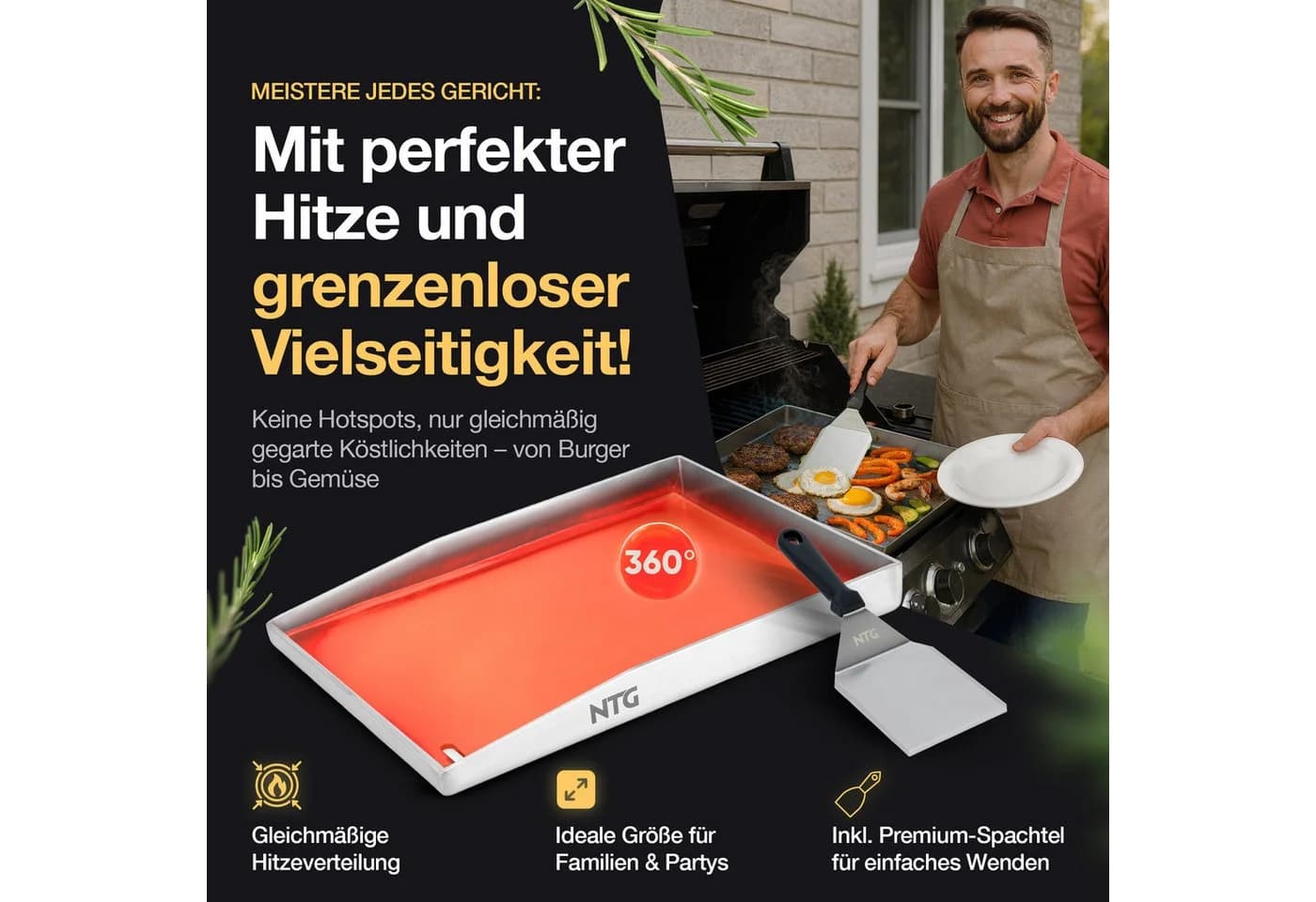 NTG Plancha Grillplatte Edelstahl 40x30cm mit Spachtel