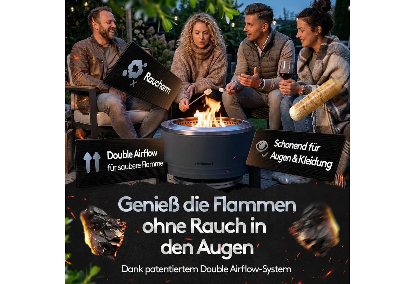 Flammenwerk Rauchfreier Feuerkorb 22 Zoll mit Grillrost & Abdeckung Grau
