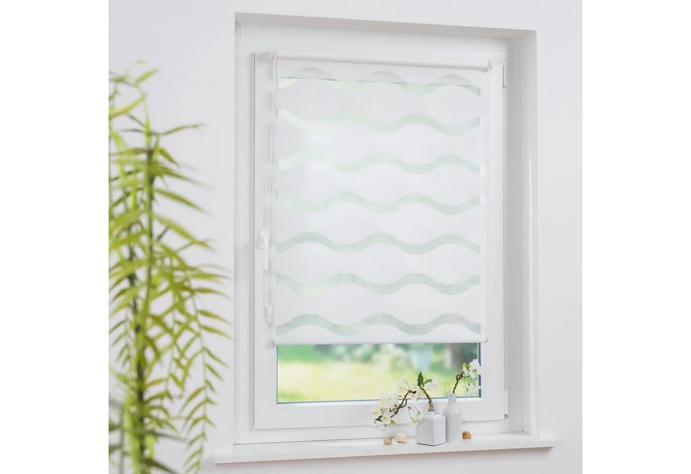 HOMBERA Doppelrollo Wellendesign Weiß Klemmfix