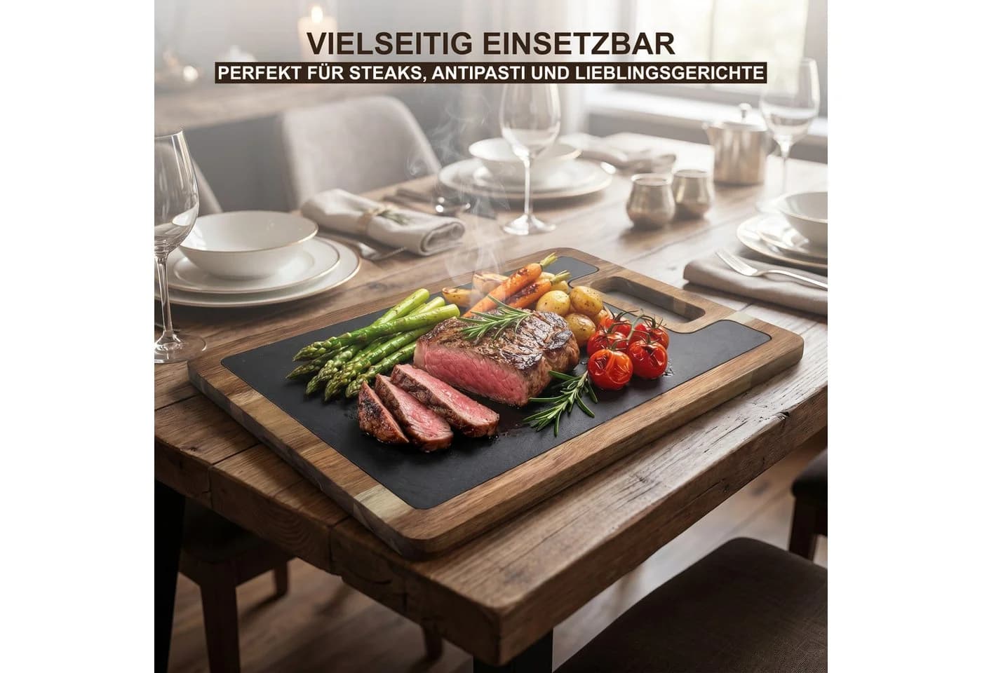 hausleben Servierbrett Akazienholz mit Schieferplatte Schwarz
