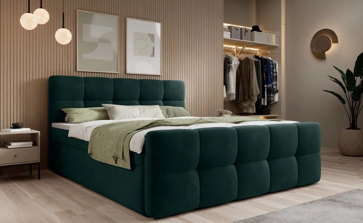 Luxusbetten24 Boxspringbett Cozy Samt grün mit Stauraum und Topper