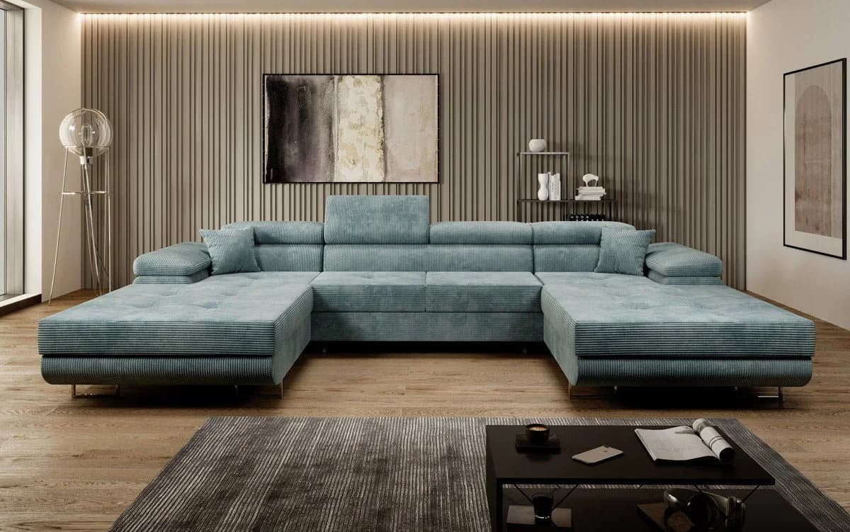 Luxusbetten24 Schlafsofa Calvera U Cord Vintage Blau mit Stauraum