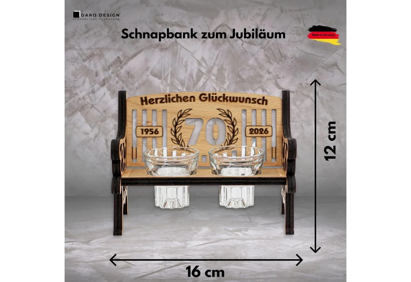 DARO Design Schnapsbank 70. Geburtstag Holz mit 2 Gläsern