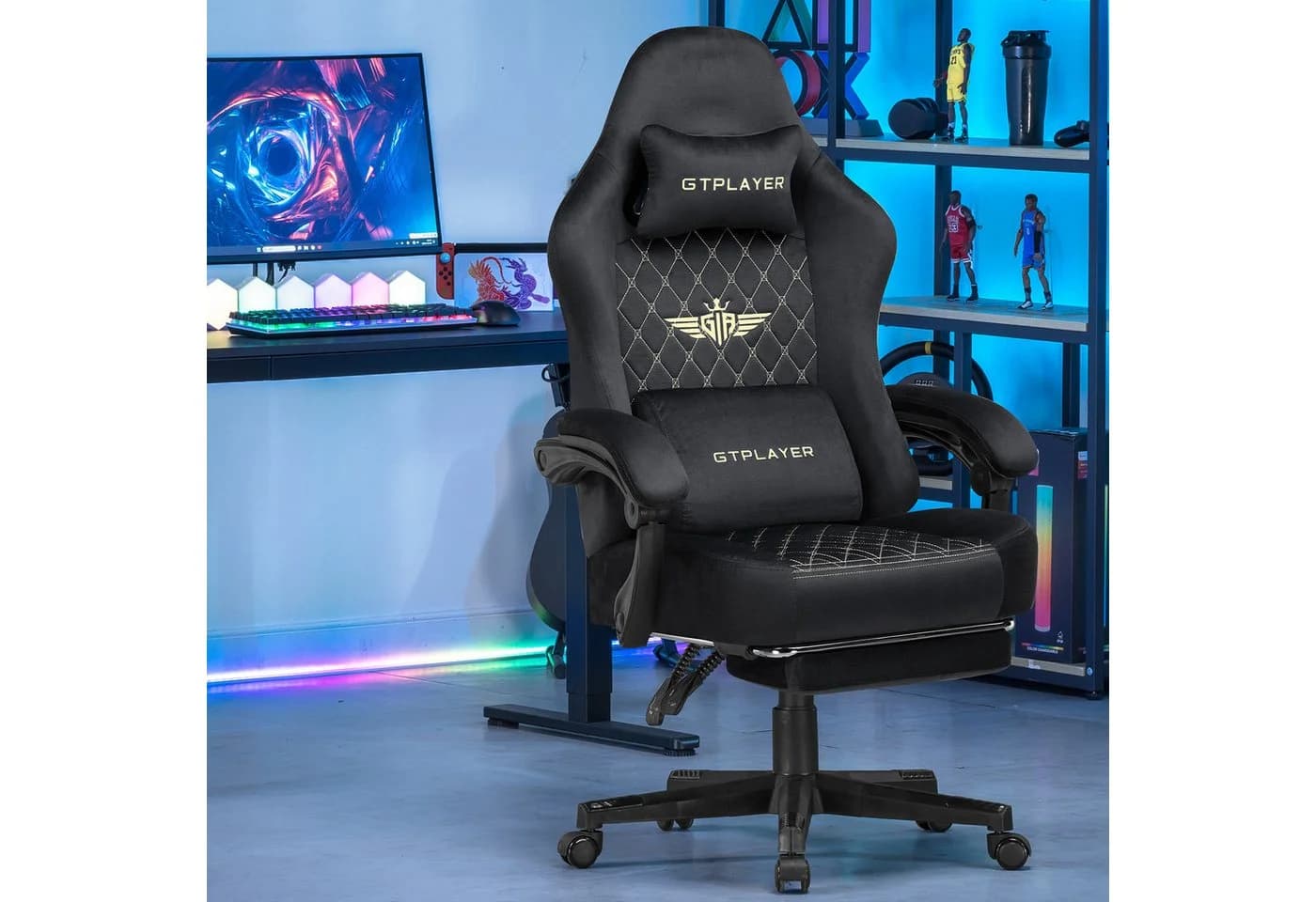 GTPLAYER Gaming-Stuhl Schwarz Stoff Ergonomisch mit Fußstütze