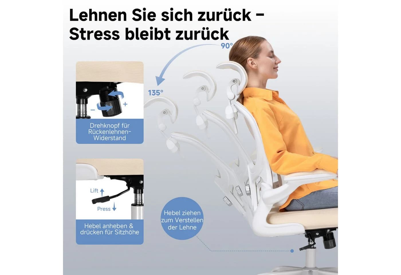 COMHOMA Bürostuhl Ergonomisch Beige Mesh mit verstellbarer Lendenwirbelstütze