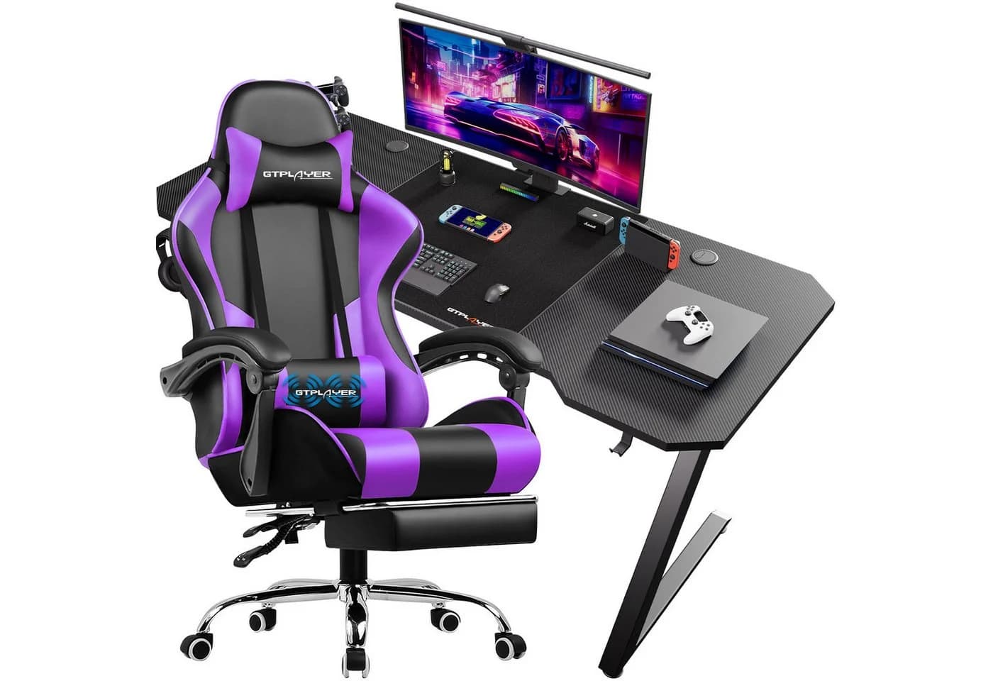 GTPLAYER Gaming-Stuhl Lila mit Massagefunktion und Fußstütze