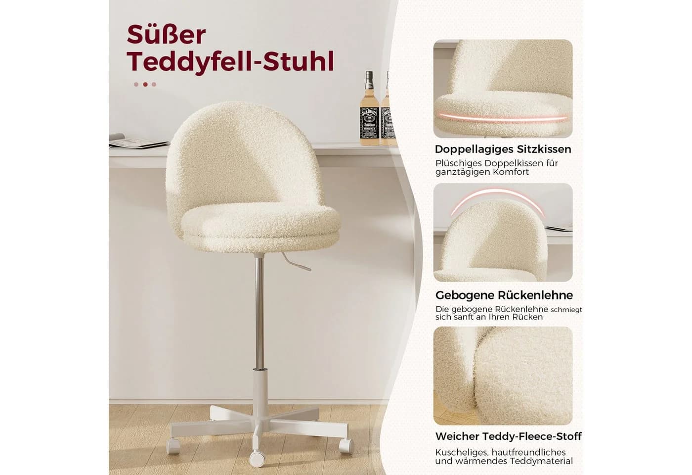 COMHOMA Bürostuhl ohne Armlehnen höhenverstellbar beige
