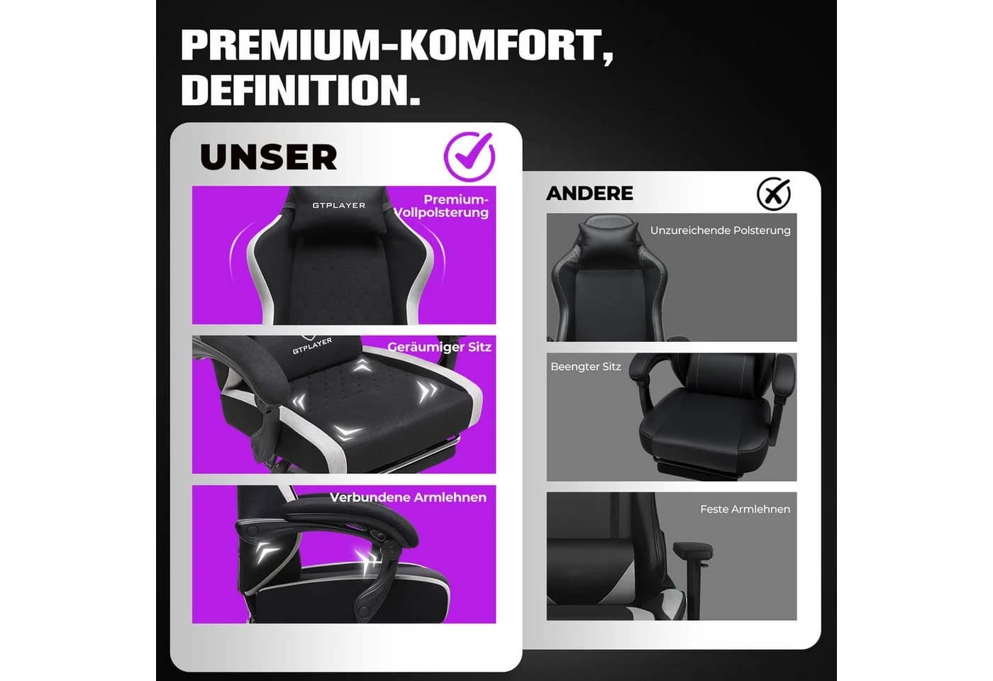 GTPLAYER Gaming-Stuhl Ergonomisch mit Fußstütze Schwarz