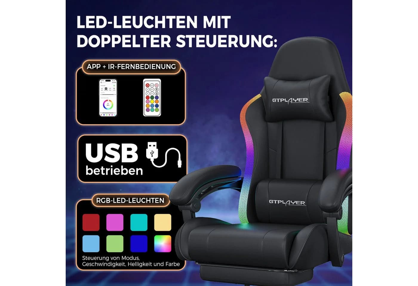 GTPLAYER Gaming-Stuhl mit LED und Massagefunktion, schwarz