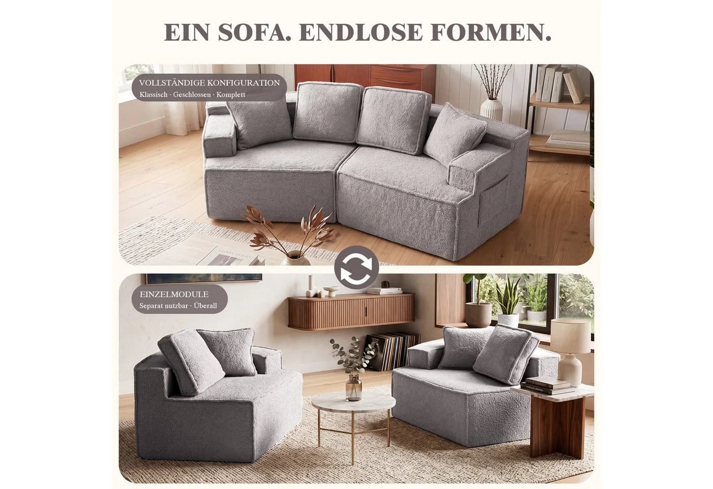 COMHOMA Modulares Schlafsofa grau mit Schlaffunktion