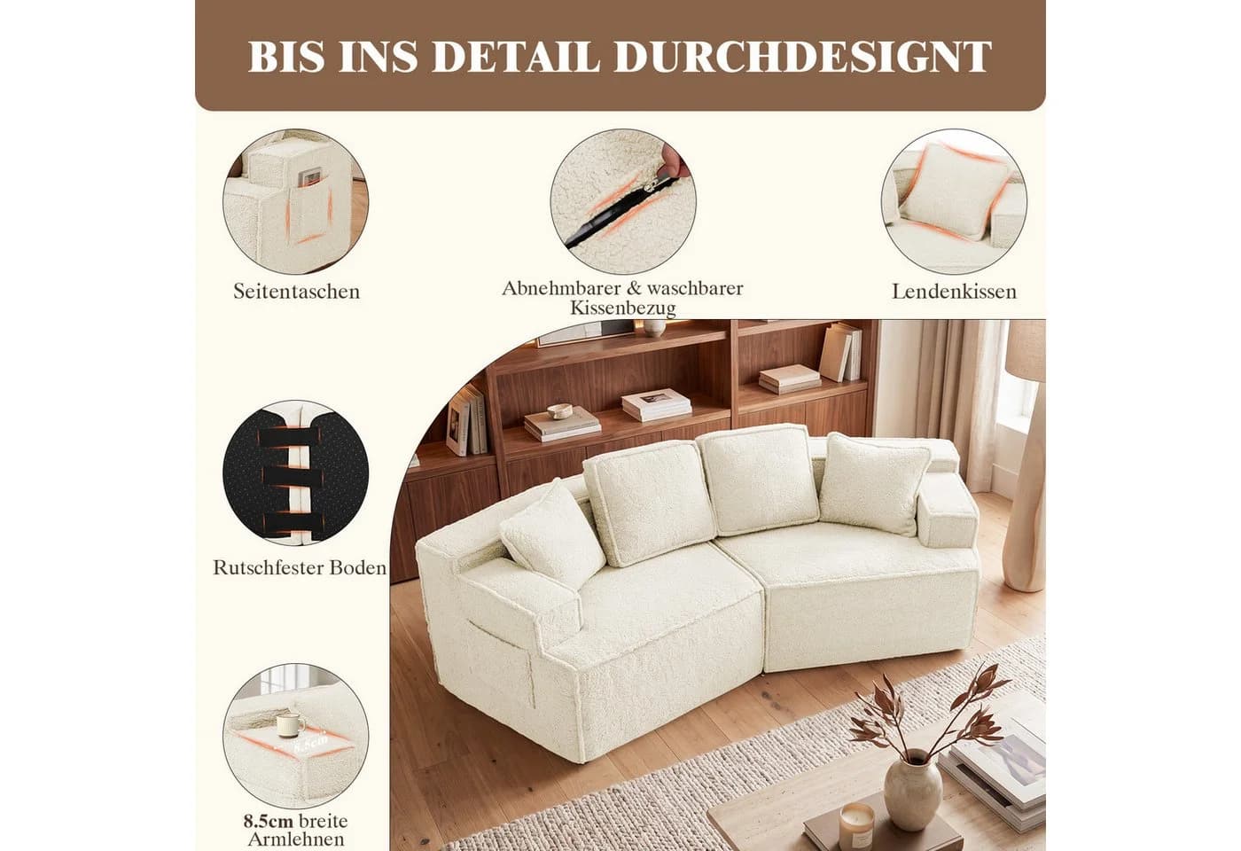 COMHOMA Modulares Schlafsofa 3-Sitzer Beige Sherpa-Kunstfell