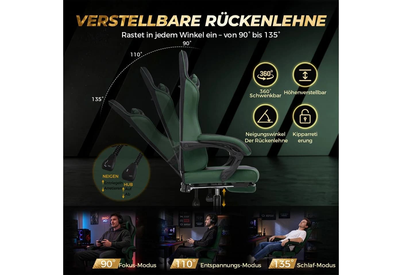 GTPLAYER Gaming-Stuhl Ergonomisch mit Federsitzkissen & Fußstütze Grün