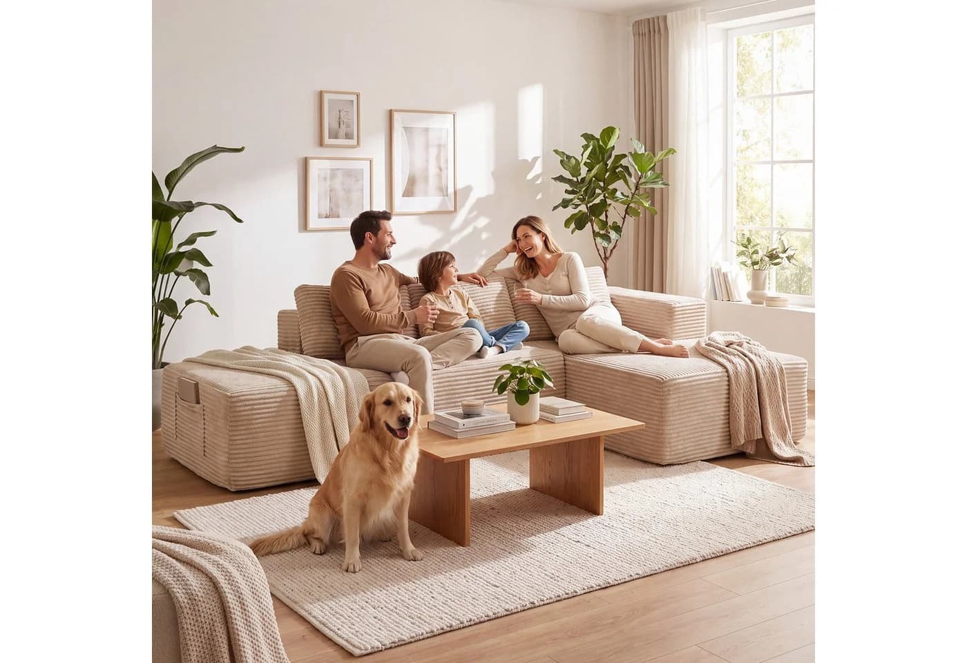 COMHOMA Ecksofa Cord L-Form mit Chaiselongue Beige