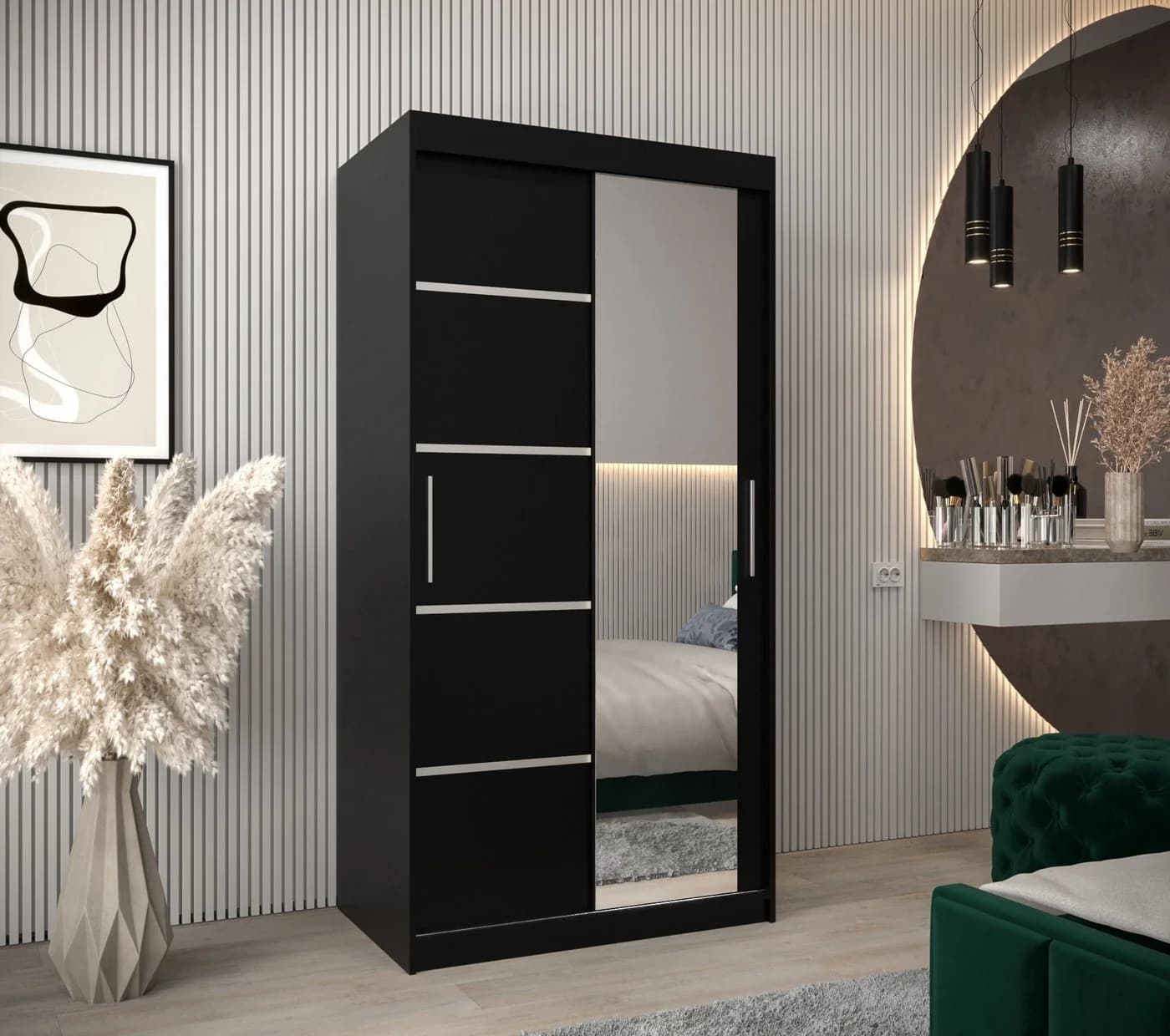 ABIKS MÖBEL Schwebetürenschrank Verona 2 mit Spiegel Schwarz