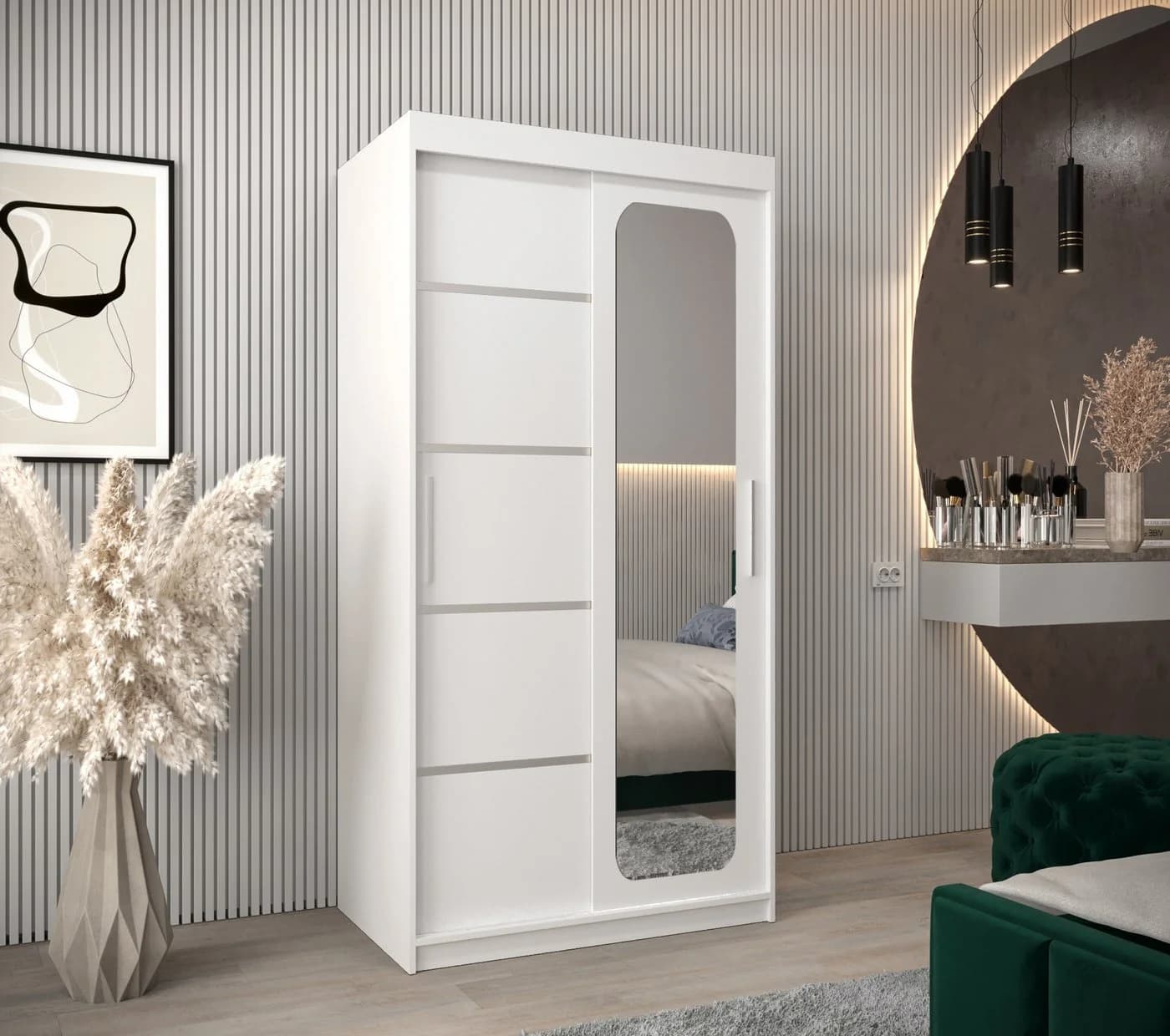 Schwebetürenschrank aus Metall und Holz
