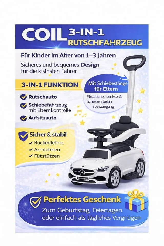COIL Rutscherauto Mercedes AMG Weiß 3in1 mit Führungsgriff