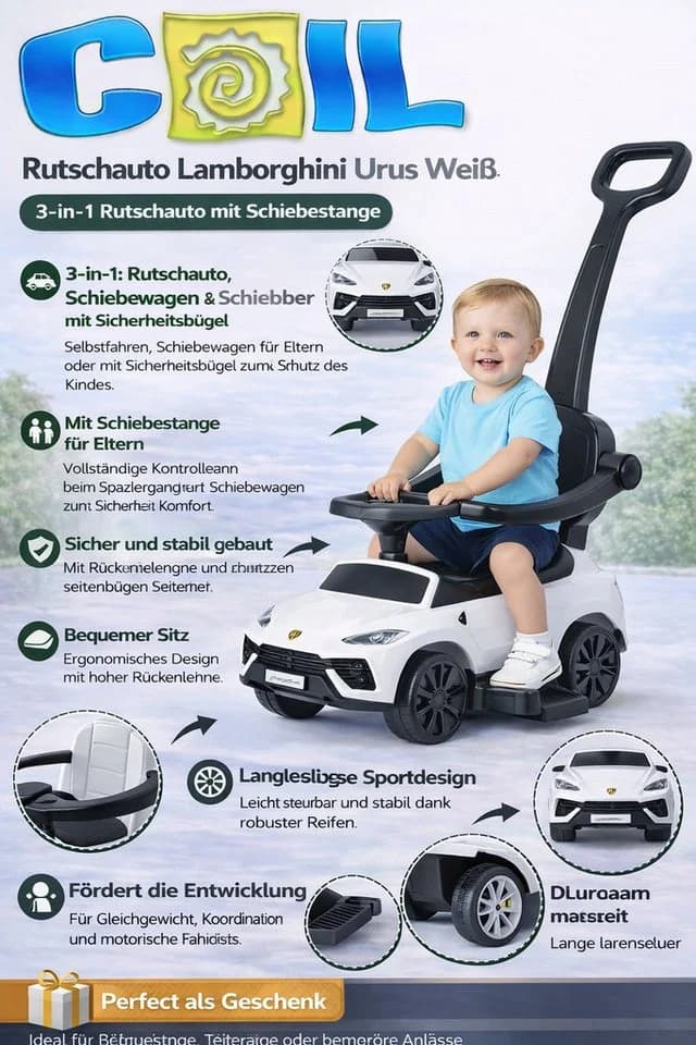 COIL Rutscherauto Babyrutscher 3in1 Weiß mit Druckgriff