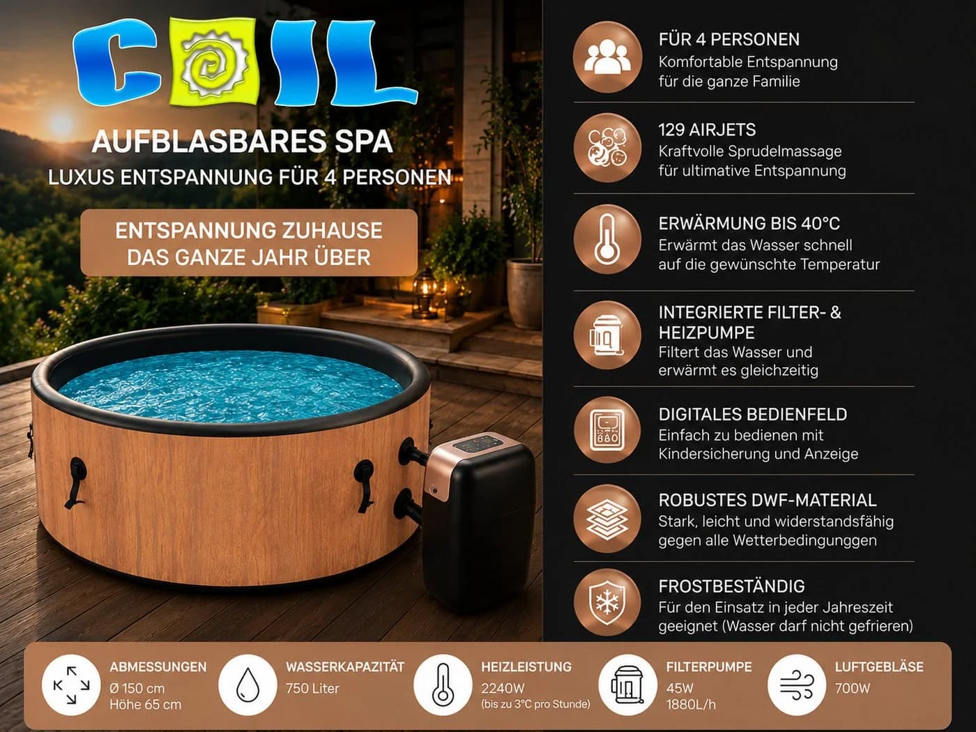 COIL Aufblasbarer Whirlpool SPA mit Hydromassage & Heizung