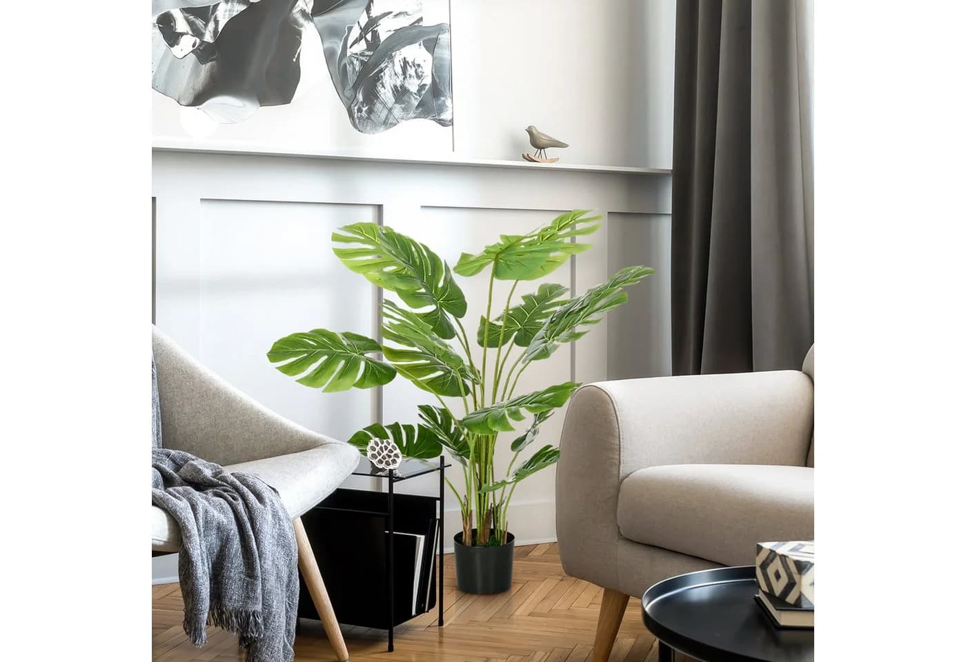 furnicato Kunstpflanze Monstera Deliciosa Grün Schwarz
