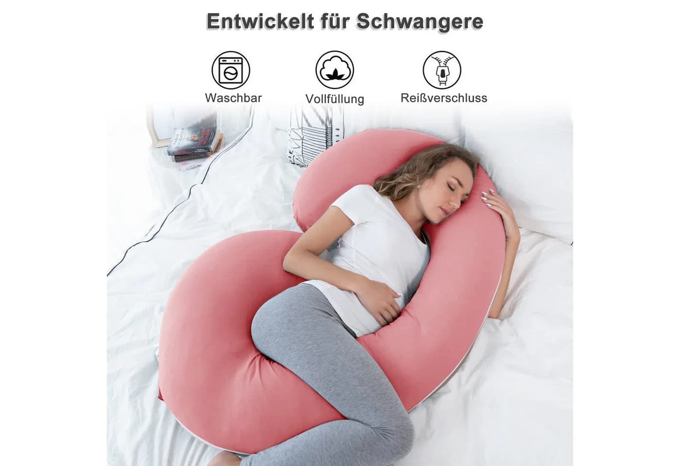CALIYO Seitenschläferkissen C-Form Stillkissen rosa-grau