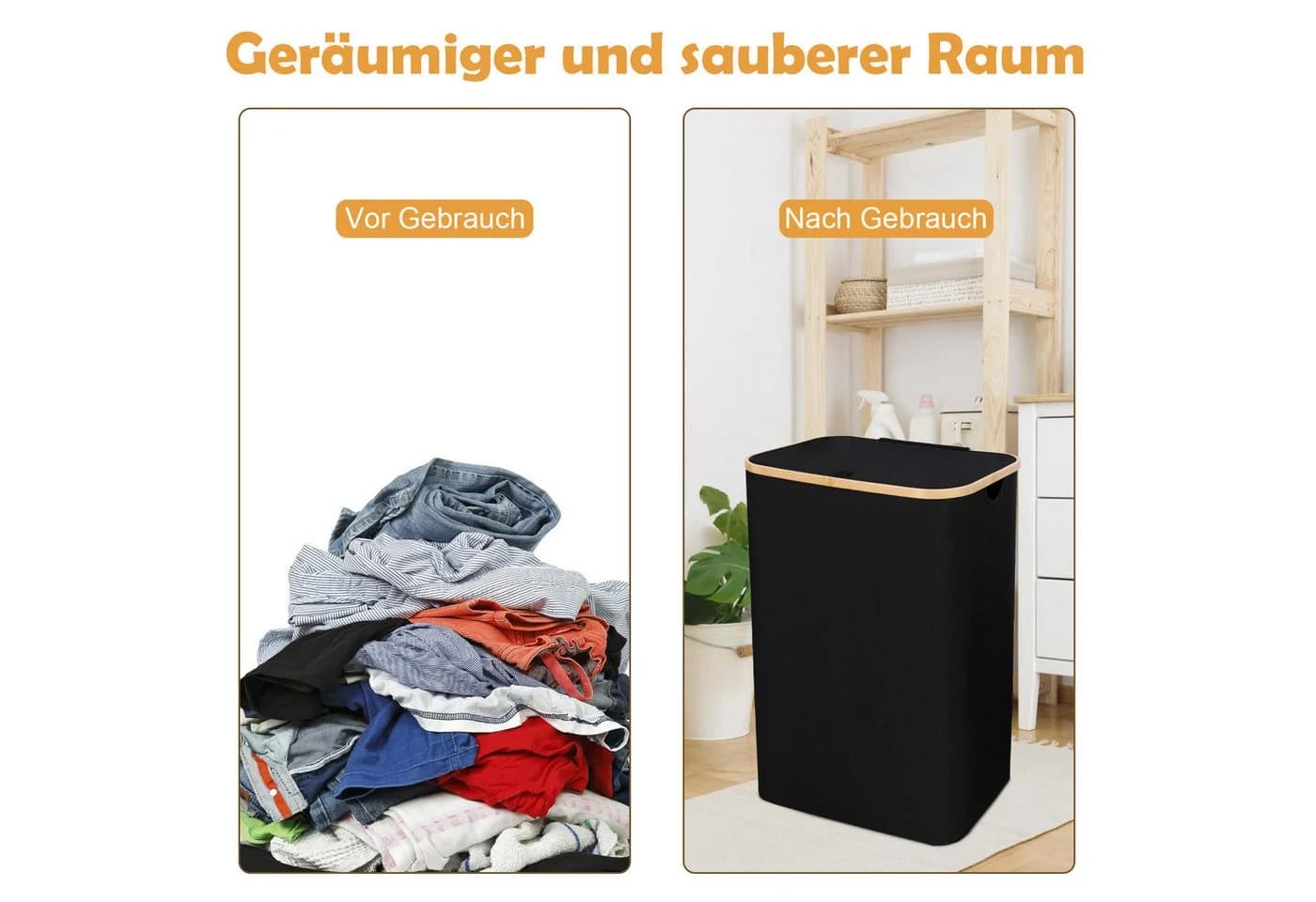 CALIYO Wäschekorb mit Deckel 100L, Faltbar, Bambus-Griffe, Beige/Schwarz