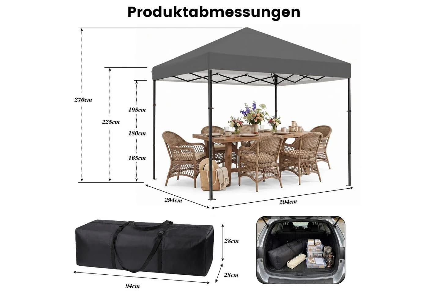 DAITORE Faltpavillon 3x3 m Grau Höhenverstellbar mit 4 Seitenteilen