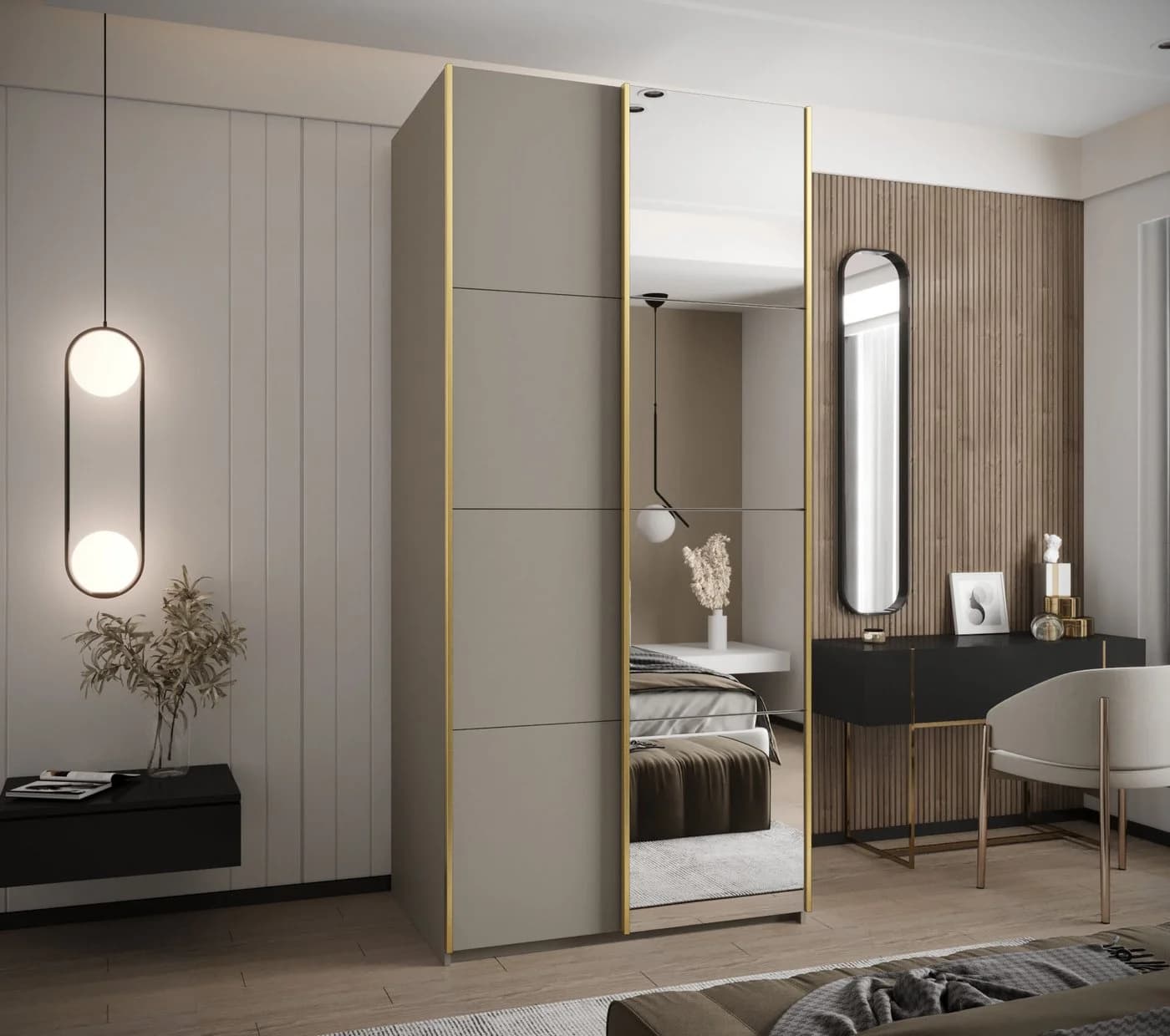 ABIKS MÖBEL Schwebetürenschrank LUX 3 hoch Beige/Gold mit Spiegel