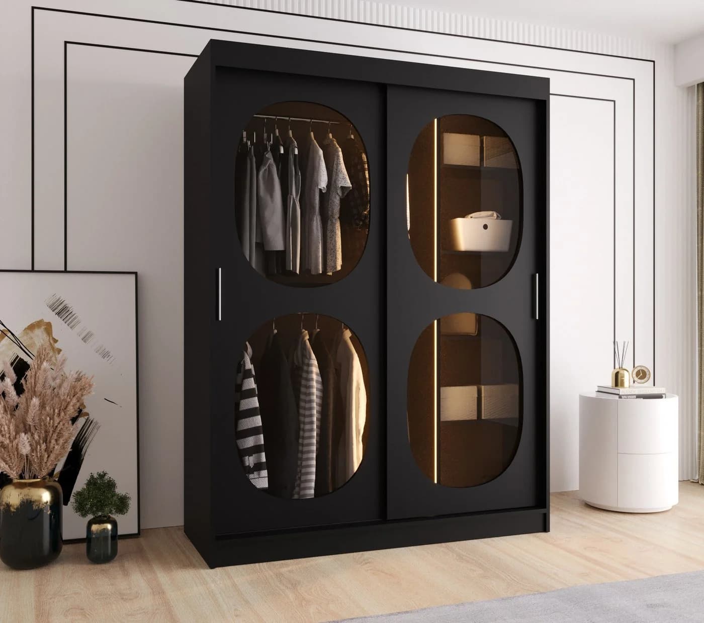 ABIKS MÖBEL Schwebetürenschrank BAHRAJN 2 Schwarz Rauchglas